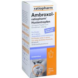 Die Schachtel zeigt Ambroxol-Hustentropfen von Ratiopharm zur Schleimlösung.