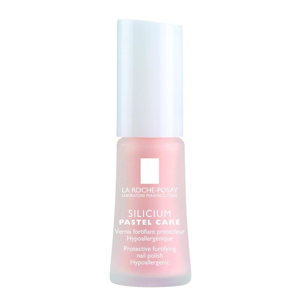 Rosa Nagellack-Flasche mit weißem Deckel und Beschriftung.