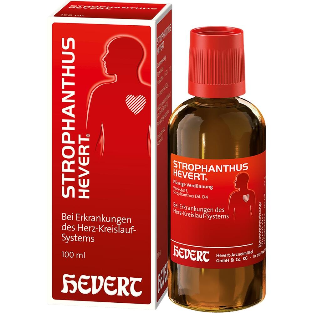 Eine Packung und Flasche mit rotem Etikett von Strophanthus-Hevert-Medikament.