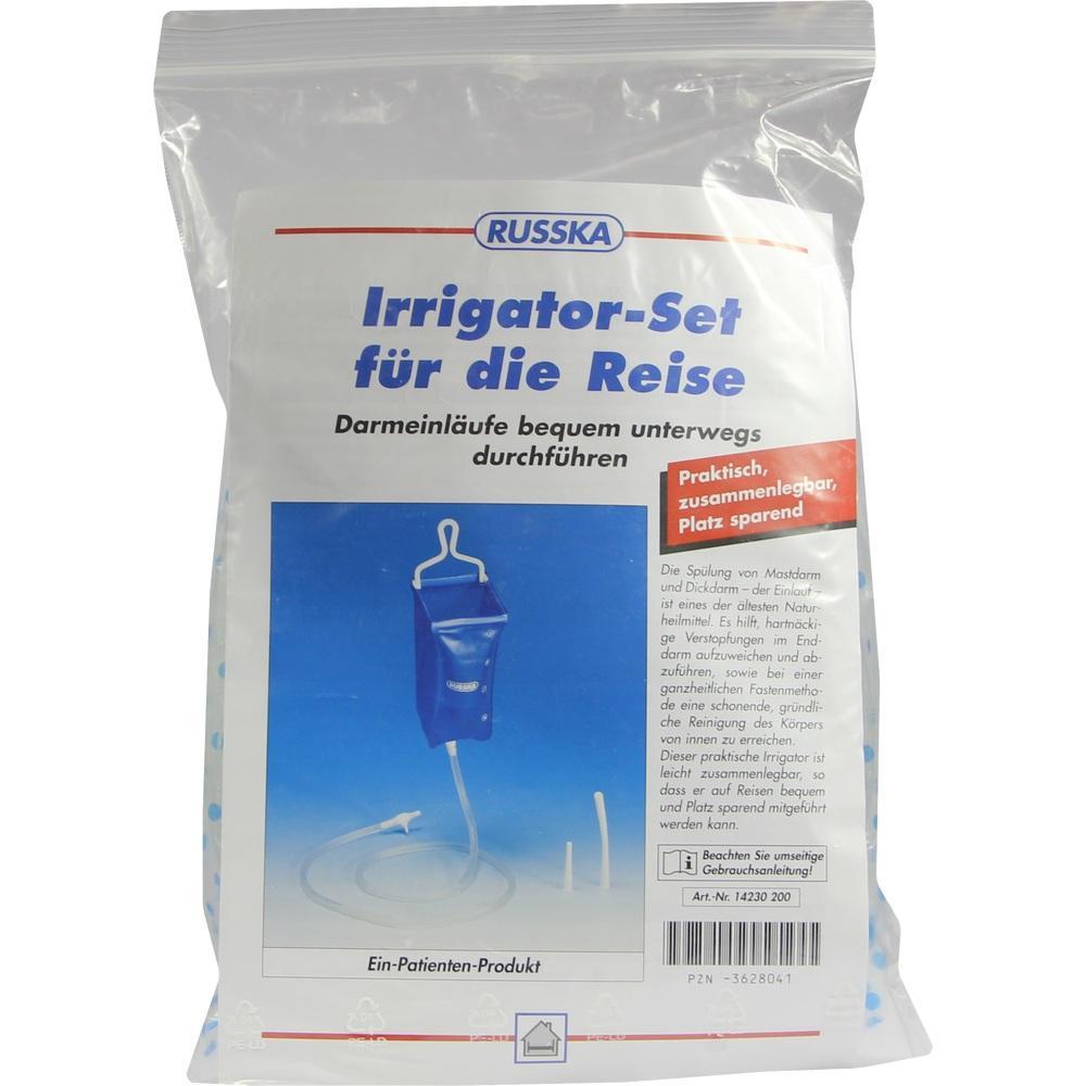 Verpackung eines Reise-Irrigator-Sets zur Durchführung von Darmeinläufen unterwegs.