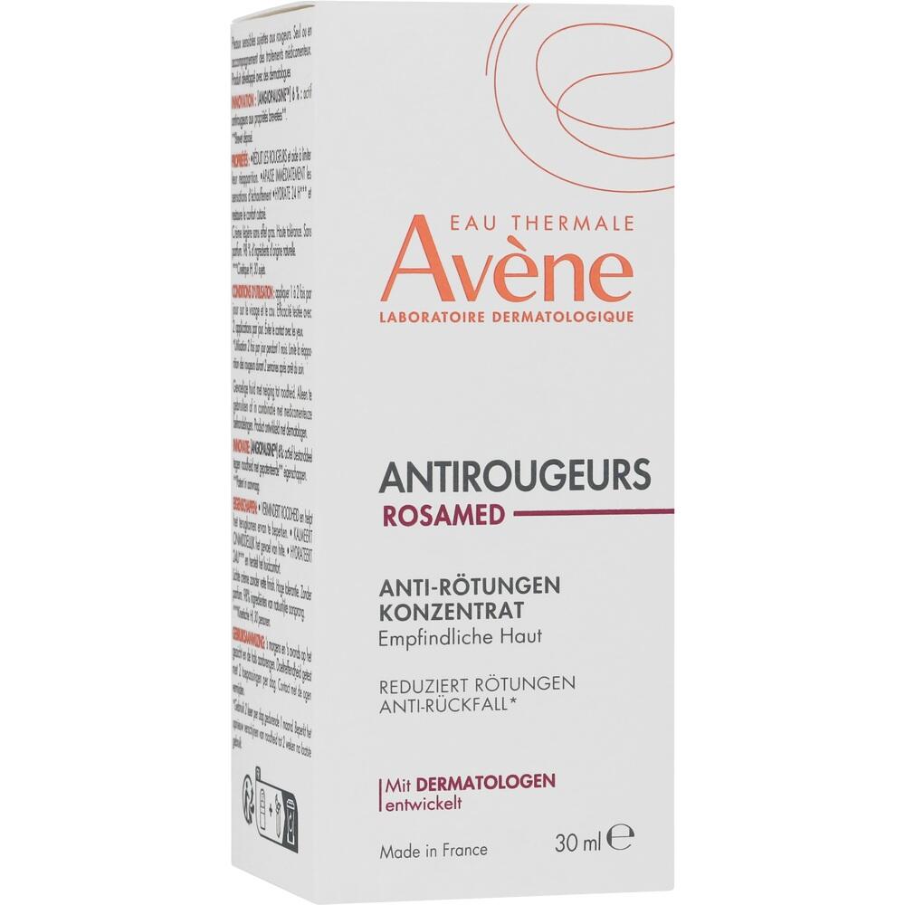 Weiße Verpackung mit rotem und schwarzem Text von Avène Anti-Rötungen Creme, 30 ml.