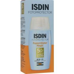 Es ist eine Verpackung für einen Sonnenschutz namens ISDIN Fusion Water Magic.